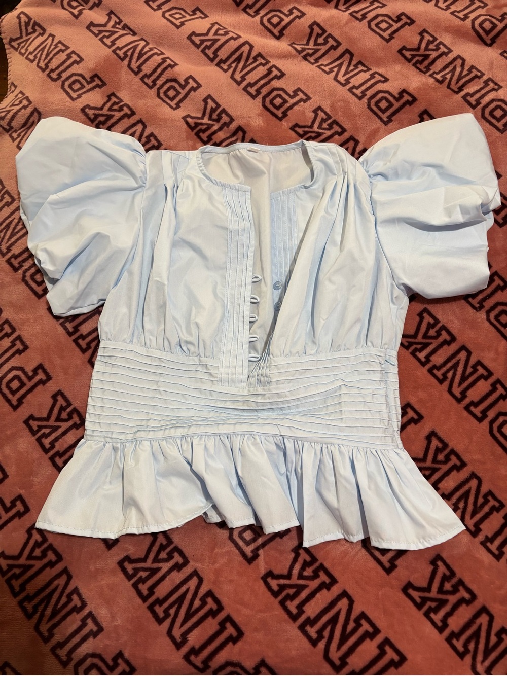 Smocked Peplum Puff Sleeve Blouse in Light Blue